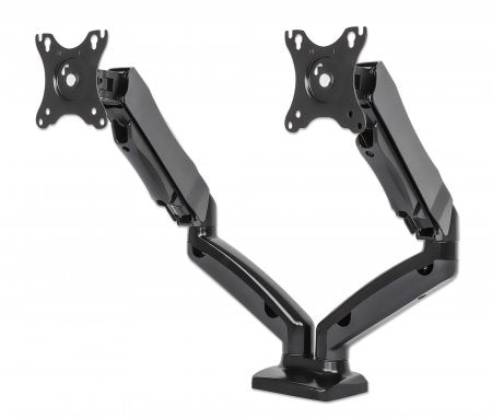 Manhattan TV & Monitor Mount, Desk, Full Motion (Gas Spring), 2 screens, Screen Sizes: 10-27", Black, C-Clamp or Grommet Assembly, Dual Screen, VESA 75x75 to 100x100mm, Max 6.5kg (each), Lifetime Warranty