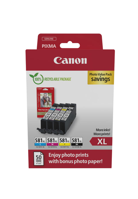 Canon 2052C006/CLI-581XL Ink cartridge multi pack Bk,C,M,Y high-capacity + Photopaper 50 sheet Pack=4 for Canon Pixma TS 6150/8150