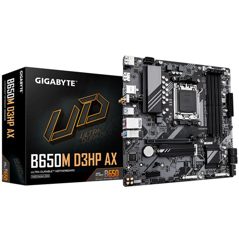 GIGABYTE B650M D3HP AX Motherboard - AMD Ryzen 9000 Series CPUs, 5+2+2 Phases VRM, up to 7600MHz DDR5 (OC), 2xPCIe 4.0 M.2, 2.5GbE LAN, WIFI 6E, USB 3.2 Gen 1