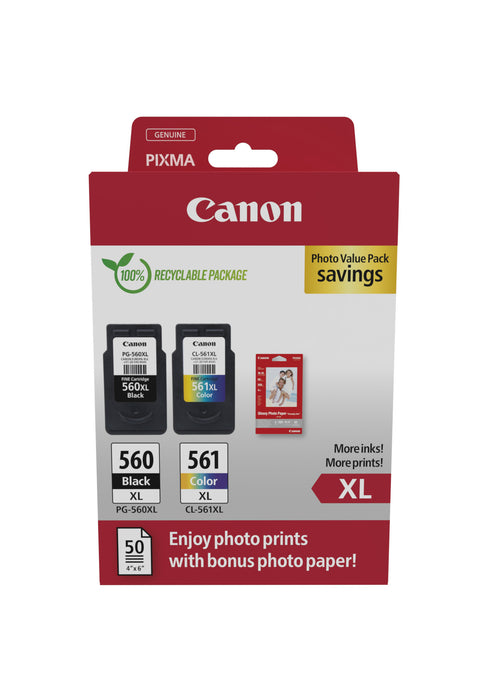 Canon 3712C008/PG-560XL+CL-561XL Printhead cartridge multi pack black + color +50 sheet Photopaper 14,3ml + 12,2ml Pack=2 for Canon Pixma TS 5350