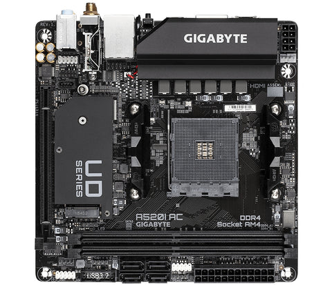 GIGABYTE A520I AC Motherboard - Supports AMD Ryzen 5000 Series AM4 CPUs, 6 Phases Digital VRM, up to 5300MHz DDR4 (OC), 1xPCIe 3.0 M.2, WIFI, GbE LAN, USB 3.2 Gen1