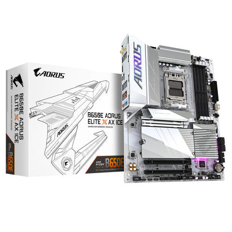 GIGABYTE B650E AORUS ELITE X AX ICE Motherboard - Supports AMD Ryzen 8000 CPUs, 12+2+2 phases VRM, up to 8000MHz DDR5 (OC), 1xPCIe 5.0 M2 + 2xPCIe 4.0 M.2, Wi-Fi 6E, 2.5GbE LAN, USB 3.2 Gen 2