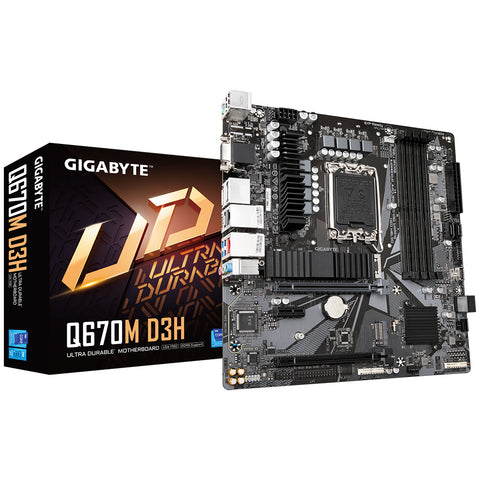 Gigabyte Q670M D3H Motherboard - Supports Intel Core 14th CPUs, 6+1+1 Phases Hybrid Digital VRM, up to 5600MHz DDR (OC), 2xPCIe 4.0 M.2, 2.5GbE LAN, USB 3.2 Gen 2