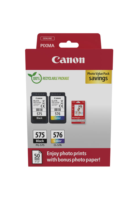 Canon 5438C004/PG-575/CL-576 Printhead cartridge multi pack black + color +50 sheet Photopaper PVP 5,6ml + 6,2ml Pack=2 for Canon Pixma TS 3550 i