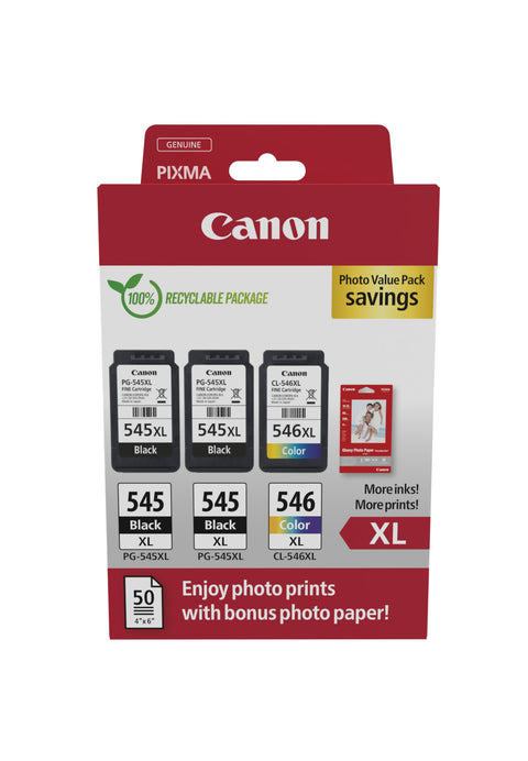 Canon 8286B015/PG-545XL+CL-546XL Printhead cartridge multi pack 2x black +1x color high-capacity +50 sheet Photopaper PVP 13ml + 11ml Pack=2 for Canon Pixma MG 2450