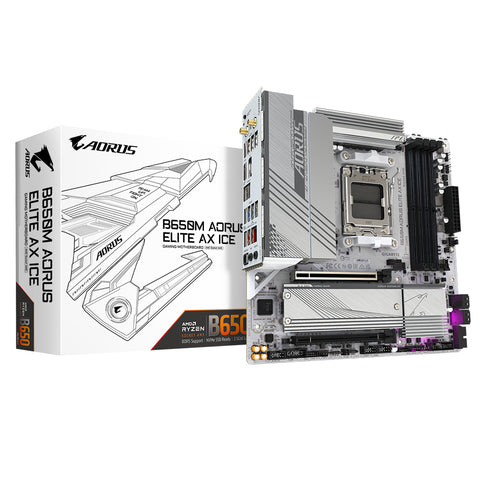 GIGABYTE B650M AORUS ELITE AX ICE Motherboard - AMD Ryzen 9000 Series CPUs, 12+2+2 Phases VRM, up to 8000MHz DDR5 (OC), 1xPCIe 5.0 + 1xPCIe 4.0 M.2, 2.5GbE LAN, WIFI 6E, USB 3.2 Gen 2x2