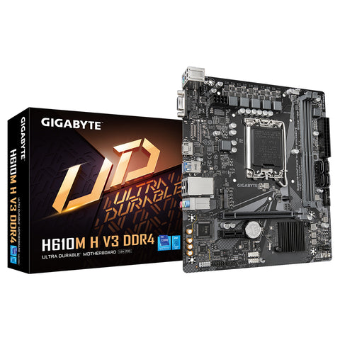 Gigabyte H610M H V3 DDR4 Motherboard - Supports Intel Core 14th CPUs, 4+1+1 Hybrid Phases Digital VRM, up to 3200MHz DDR4, 1xPCIe 3.0 M.2, GbE LAN, USB 3.2 Gen 1