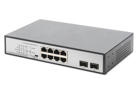 Digitus 8-Port Gigabit PoE Networkswitch, Desktop, unmanaged, 2 Uplink Ports, SFP, 180 W, af/at/bt
