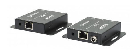 Manhattan 4K HDMI over Ethernet Extender Kit, Extends 4K@30Hz signal up to 40m or a 1080p@60Hz signal up to 70m with a single Cat6 Ethernet Cable, Transmitter and Receiver, Power over Cable (PoC), Black, Three Year Warranty