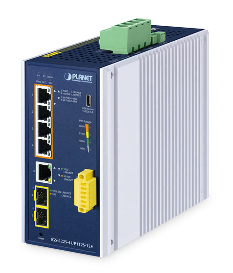 PLANET Industrial L2+ 4-Port 10/100/1000T 802.3bt PoE + 1-Port 10/100/1000T + 2-Port 1G/2.5G SFP Managed Ethernet Switch w/12V Booster L2+ Gigabit Ethernet (10/100/1000) Power over Ethernet (PoE) Aluminium, Blue