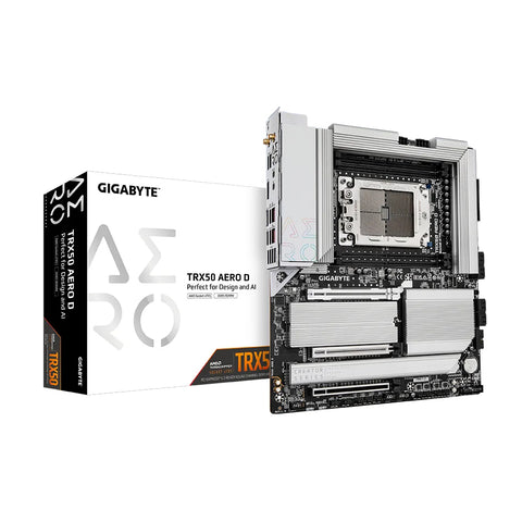 Gigabyte TRX50 AERO D Motherboard - Supports AMD Ryzen PRO 7000 CPUs, 16+8+4 Phases Digital VRM, up to 7800MHz DDR5 (OC), 4xPCIe 4.0 M.2, Wi-Fi 7, 2.5GbE LAN, USB 3.2 Gen 2