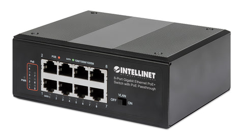 Intellinet 8-Port Gigabit Ethernet PoE+ Industrial Switch with PoE Passthrough, One PD PoE Port with 95 W Power Input, Seven PSE PoE Ports, PoE Power Budget up to 120 W, IEEE 802.3at/af Compliant, DIN-Rail Mount