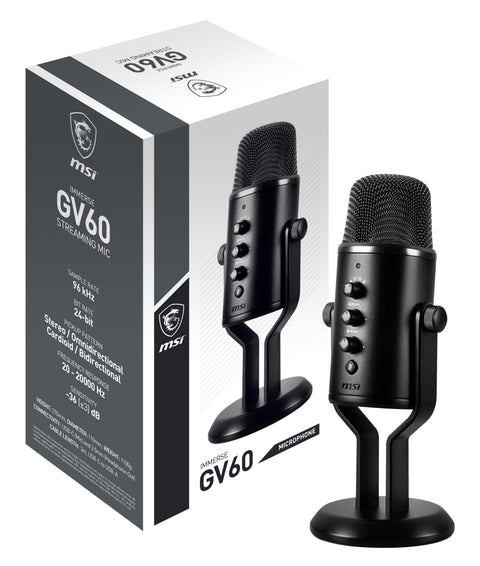 MSI IMMERSE GV60 STREAMING MIC 'USB Type-C Interface and 3.5mm Aux, For Professional applications with Intuituve control in 4 modes: Stereo, Omnidirectional, Cardioid and Bidirectional'