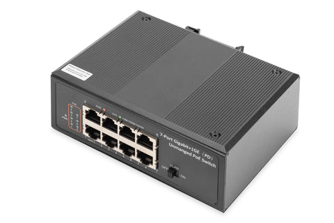 Digitus 7 Port Gigabit Ethernet Netzwerk PoE Switch, Industrial, Unmanaged, 1PD Port