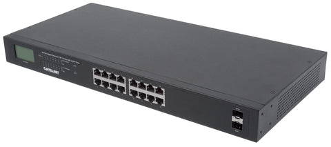 Intellinet 16-Port Gigabit Ethernet PoE+ Switch with 2 SFP Ports, LCD Display, IEEE 802.3at/af Power over Ethernet (PoE+/PoE) Compliant, 370 W, Endspan, 19" Rackmount (UK 3-pin plug)