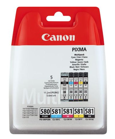 Canon 2024C006/PGI-580XLCLI581XL Ink cartridge multi pack 2x Bk + 1x C,M,Y high-capacity PGI+CLI Pack=5 for Canon Pixma TS 6150/8150