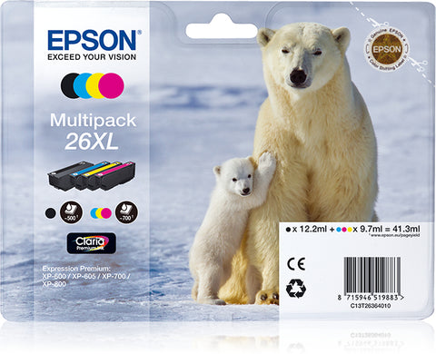 Epson C13T26364010/26XL Ink cartridge multi pack Bk,C,M,Y high-capacity XL 1x500,3x700, 12ml 3x10ml Pack=4 for Epson XP 600