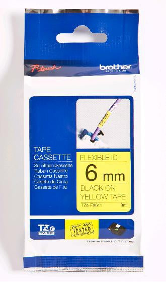 Brother TZE-FX611 DirectLabel black on yellow Laminat 6mm x 8m for Brother P-Touch TZ 3.5-18mm/6-12mm/6-18mm/6-24mm/6-36mm