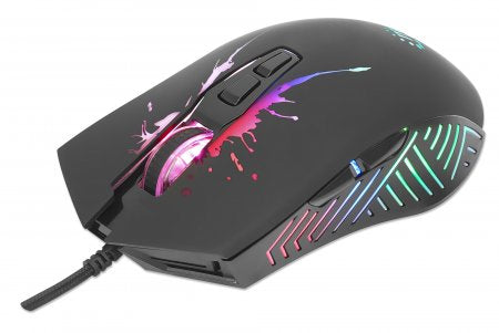 Manhattan Gaming Mouse with LEDs, Wired, Seven Button, Scroll Wheel, 7200dpi, Black with LED lighting, Three Year Warranty