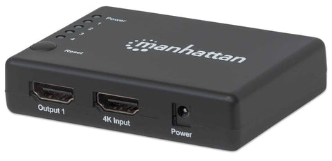 Manhattan HDMI Splitter 4-Port (Compact), 4K@30Hz, Displays output from x1 HDMI source to x4 HD displays (same output to four displays), AC Powered (cable 0.7m), Black, Three Year Warranty, Retail Box (With Euro 2-pin plug)