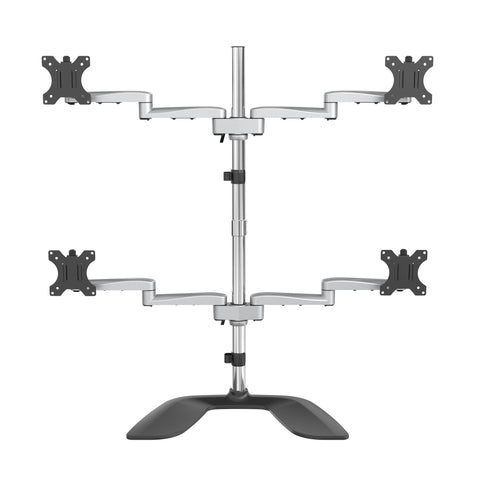 StarTech.com Desktop Quad Monitor Stand - Ergonomic VESA 4 Monitor Arm (2x2) up to 32" - Free Standing Articulating Universal Pole Mount - Height Adjustable/Tilt/Swivel/Rotate - Silver