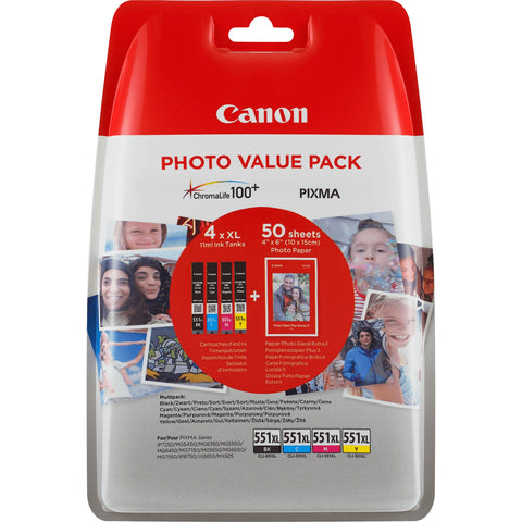 Canon 6443B006/CLI-551XL Ink cartridge multi pack high-capacity CLI Bk,C,M,Y + Photopaper PP-201 50 sheet 5530pg + 3x695pg Pack=4 for Canon Pixma IP 8700/IX 6850/MG 5450/MG 6350/MX 725