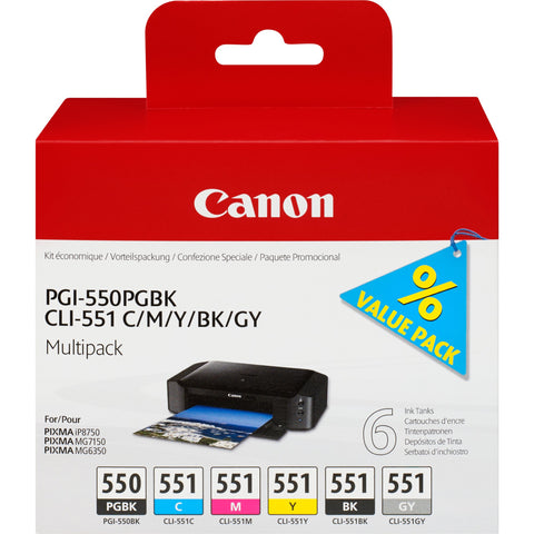 Canon 6496B005/PGI-550CLI551 Ink cartridge multi pack Bk,C,M,Y,Gy 7ml Pack=6 for Canon Pixma IP 8700/MG 6350/MG 7550