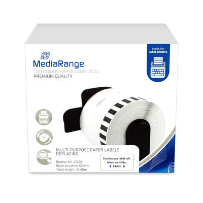 MediaRange Continuous paper label, for label printers using Brother DK-22205, 62mm, 30.48m, black on white