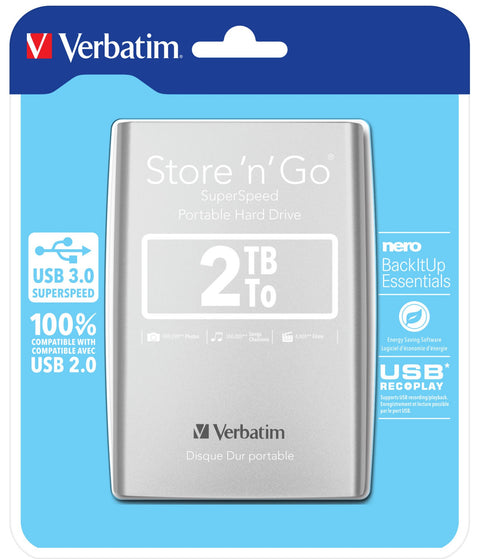 Verbatim Store 'n' Go USB 3.0 Portable Hard Drive 2TB Silver