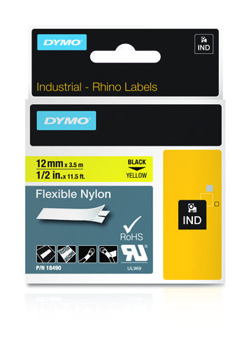 Dymo 18490/S0718080 Ribbon Nylon flexible black on yellow 12mm x 3,5m for Dymo Rhino 6-12mm/19mm/24mm