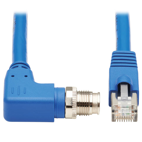 Tripp Lite NM12-6A4-05M-BL M12 X-Code Cat6a 10G F/UTP CMR-LP Shielded Ethernet Cable (Right-Angle M12 M/RJ45 M), IP68, PoE, Blue, 5 m (16.4 ft.)