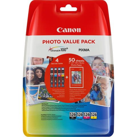 Canon 4540B017/CLI-526 Ink cartridge multi pack Bk,C,M,Y + Photopaper 10x15cm 50 sheet, 4x450 pages ISO/IEC 24711 9ml Pack=4 for Canon Pixma IP 4850/MG 5350/MG 6150/MG 6250/MX 885