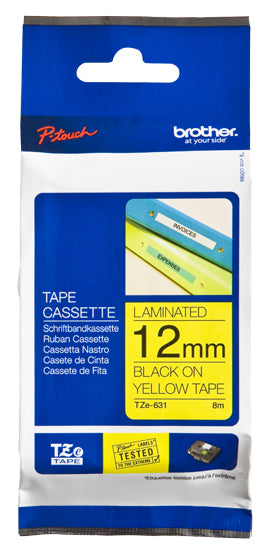 Brother TZE-631 DirectLabel black on yellow Laminat 12mm x 8m for Brother P-Touch TZ 3.5-18mm/6-12mm/6-18mm/6-24mm/6-36mm