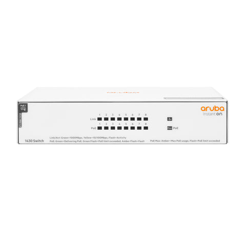 Aruba Instant On 1430 8G Class4 PoE 64W Unmanaged L2 Gigabit Ethernet (10/100/1000) Power over Ethernet (PoE) White