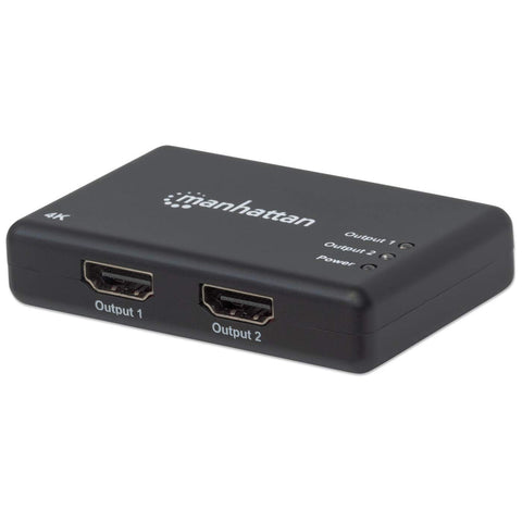 Manhattan HDMI Splitter 2-Port , 4K@30Hz, Displays output from x1 HDMI source to x2 HD displays (same output to both displays), AC Powered (cable 0.9m), Black, Three Year Warranty, Retail Box (With Euro 2-pin plug)