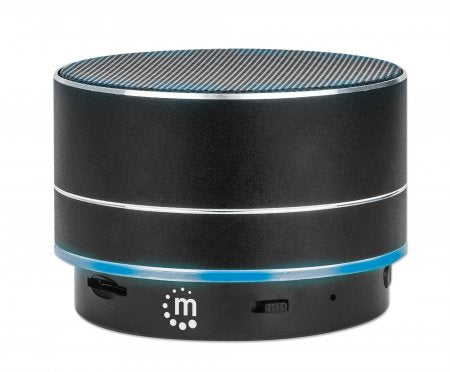 Manhattan Metallic Bluetooth Speaker (Clearance Pricing), Microphone, Splashproof, Decent Sound Output (3W), 5 hour Playback time, Integrated Controls, Range 10m, microSD card reader, Aux 3.5mm, USB-A charging cable incl, Black, Bluetooth 5.0, 3 Years War